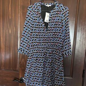 DR2 Long Sleeve Geometric Print Dress - Blue, Black, Red